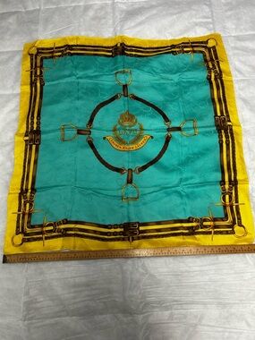 Lauren Ralph Lauren Teal Scarf with Gold Crest & Brown Tack Motif